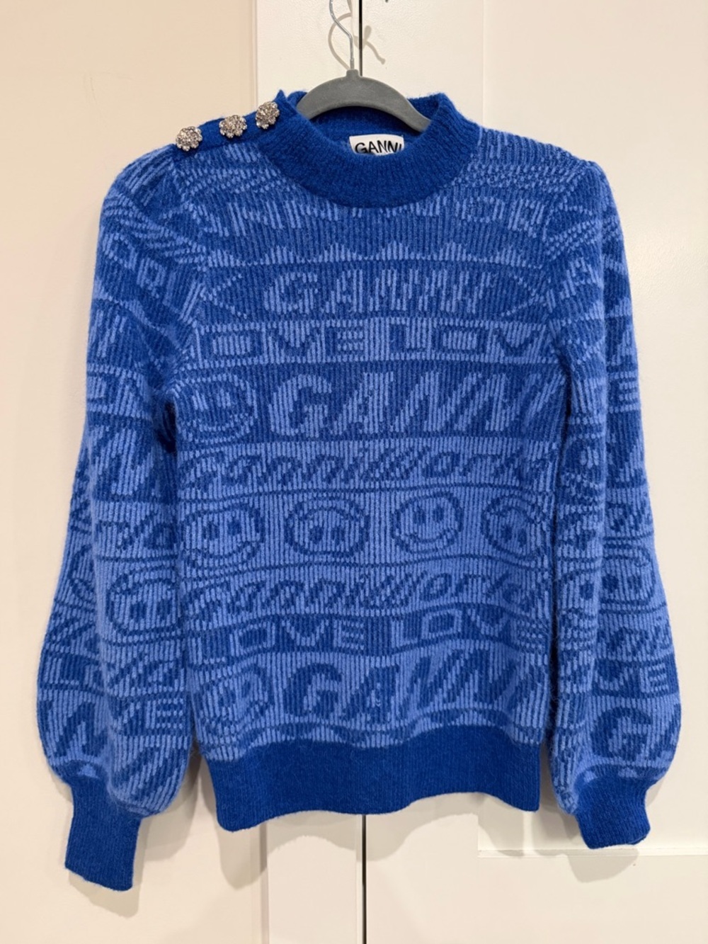 GANNI Alpaca and Merino Wool Jaquard Logo Button Sweater in Blue NWT's Sz Small - Picture 4 of 17
